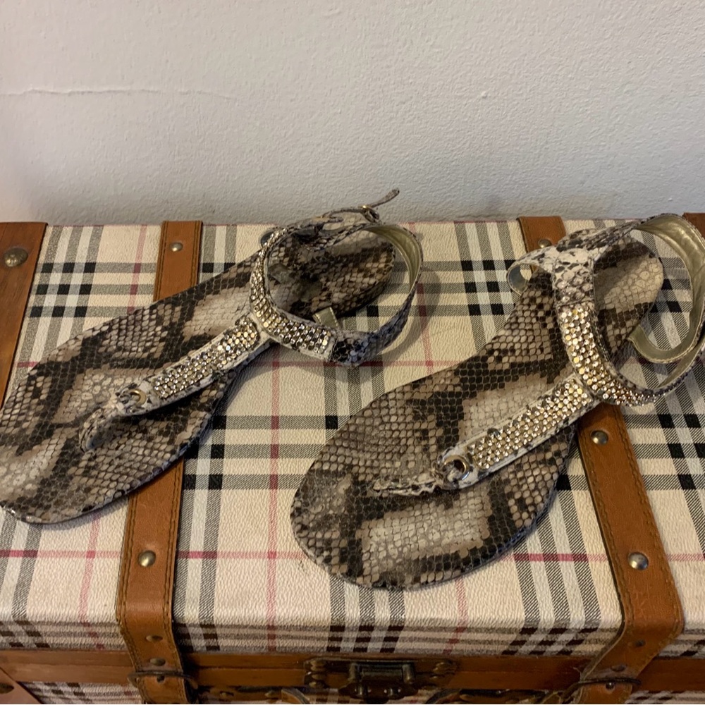 Guess Snake Print Sandals with Rhinestone Accents